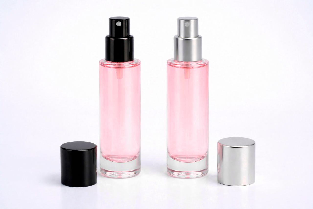 services-03 Two elegant pink perfume bottles with black and silver caps on a bright white surface.